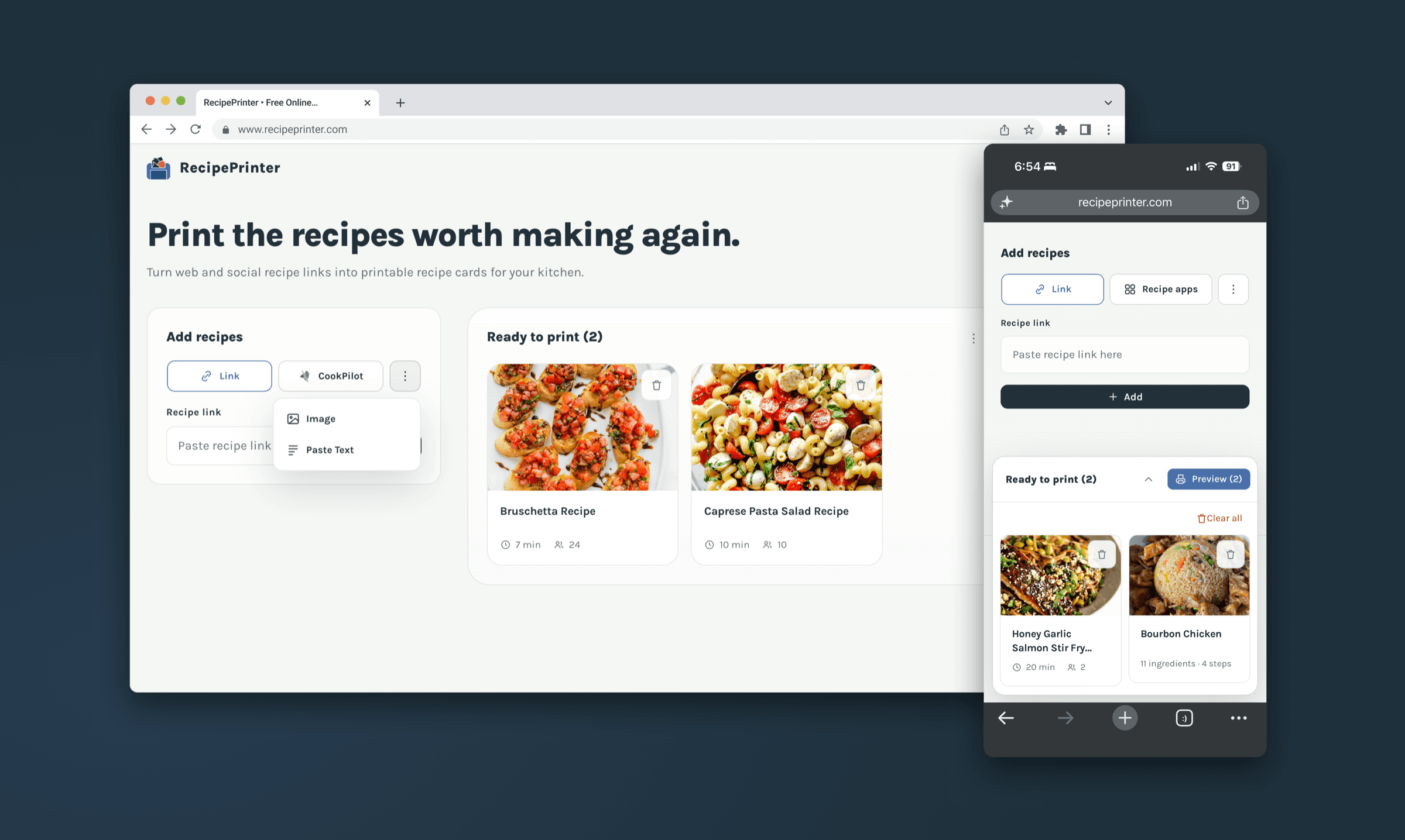 RecipePrinter open side by side in a desktop browser and a phone browser, running the same thing in both.