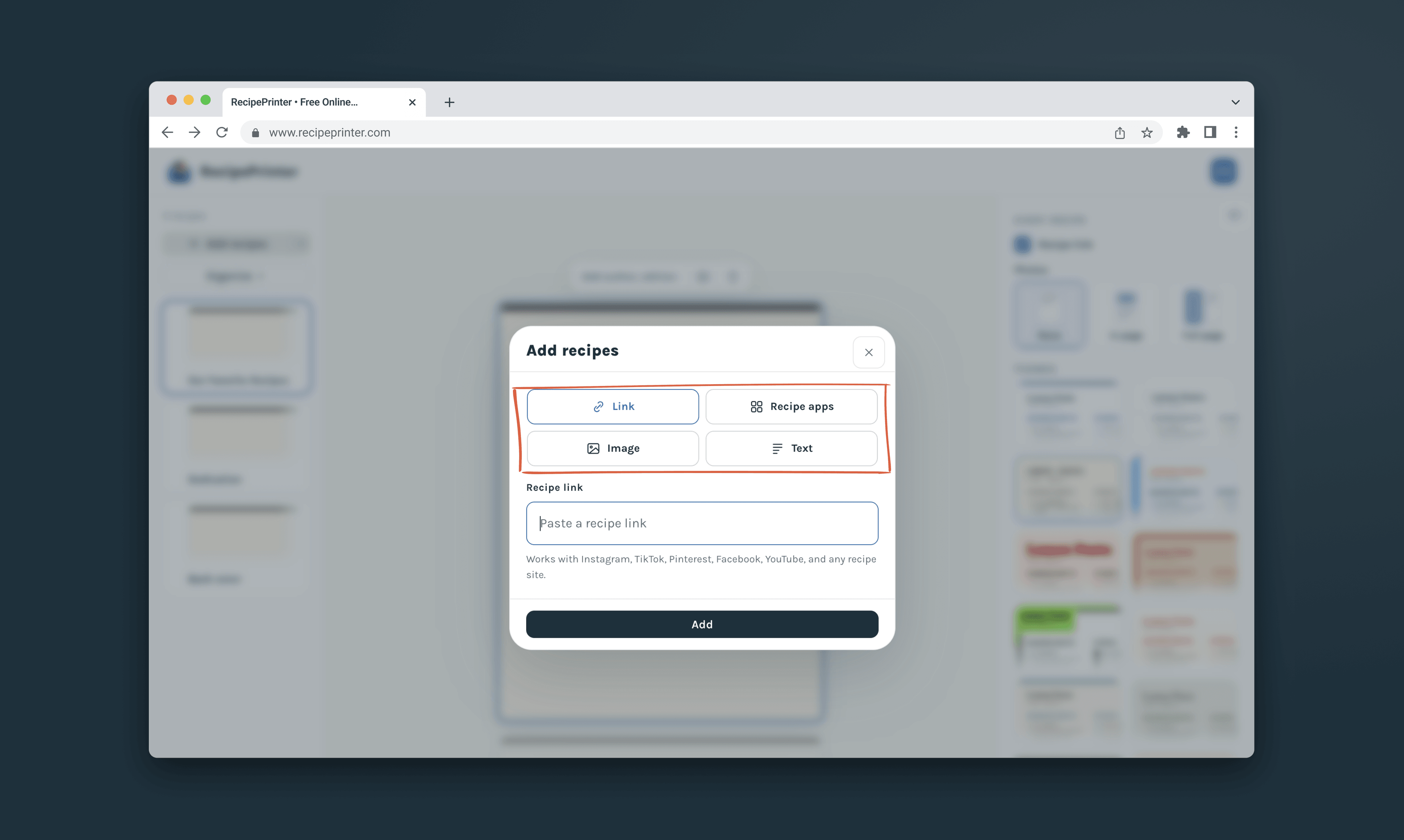 The Add recipes dialog in a cookbook, with its four sources circled: a recipe link, a recipe app, an image, or pasted text.