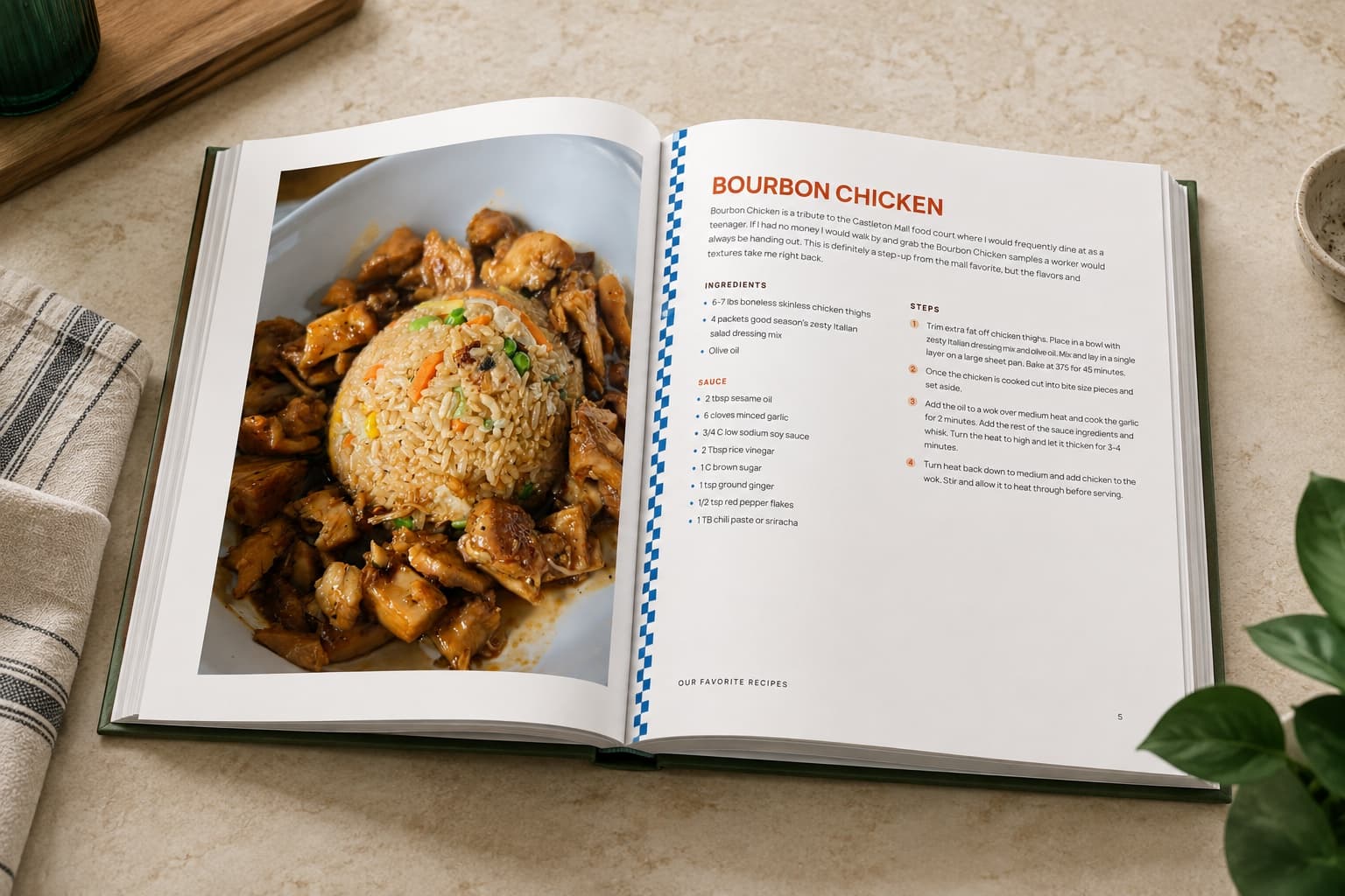 A finished hardcover family cookbook lying open on a counter, a full-page photo facing the typed recipe.