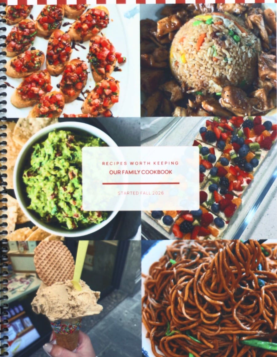 A printed homemade cookbook titled Our Family Cookbook, ready to give as a gift.