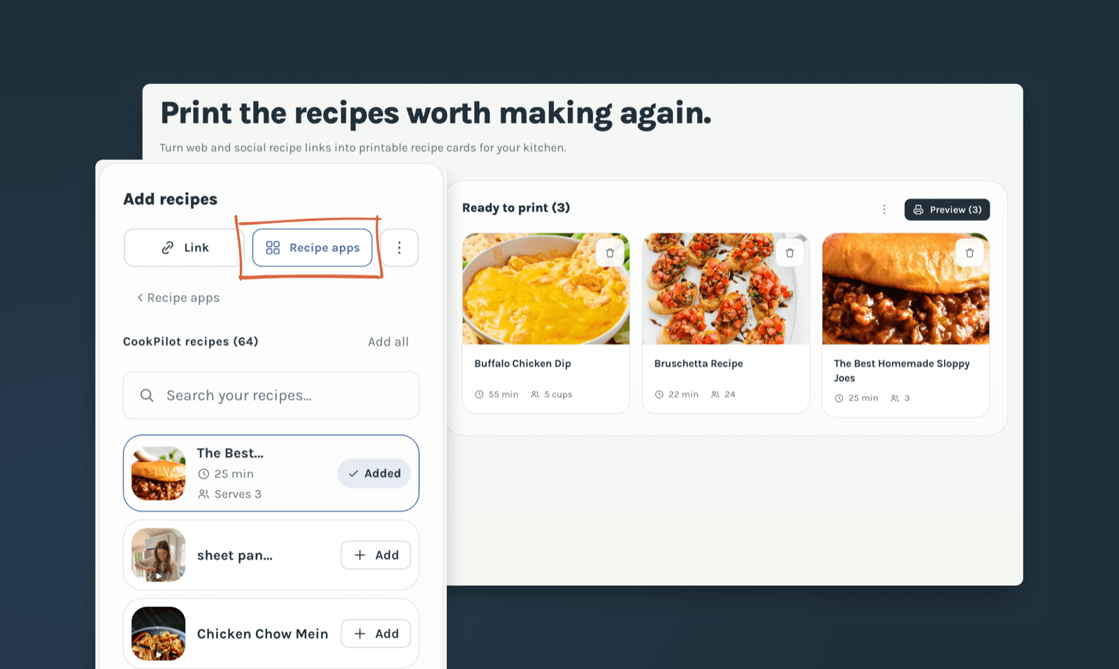 A CookPilot library of 64 recipes open in RecipePrinter, with recipes being added to the print queue alongside.