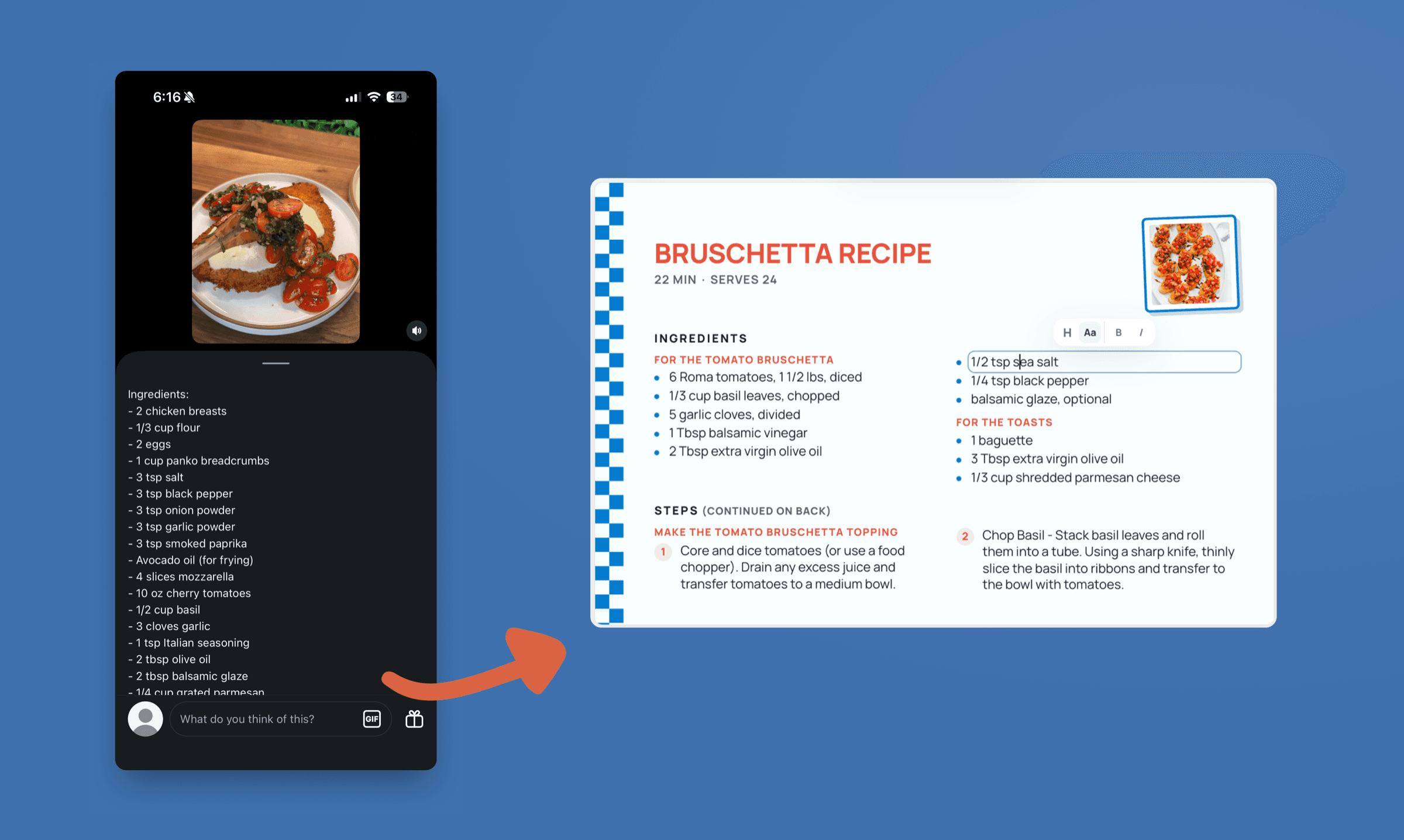 An Instagram post with the recipe written out in its caption, beside the printed recipe card it becomes.