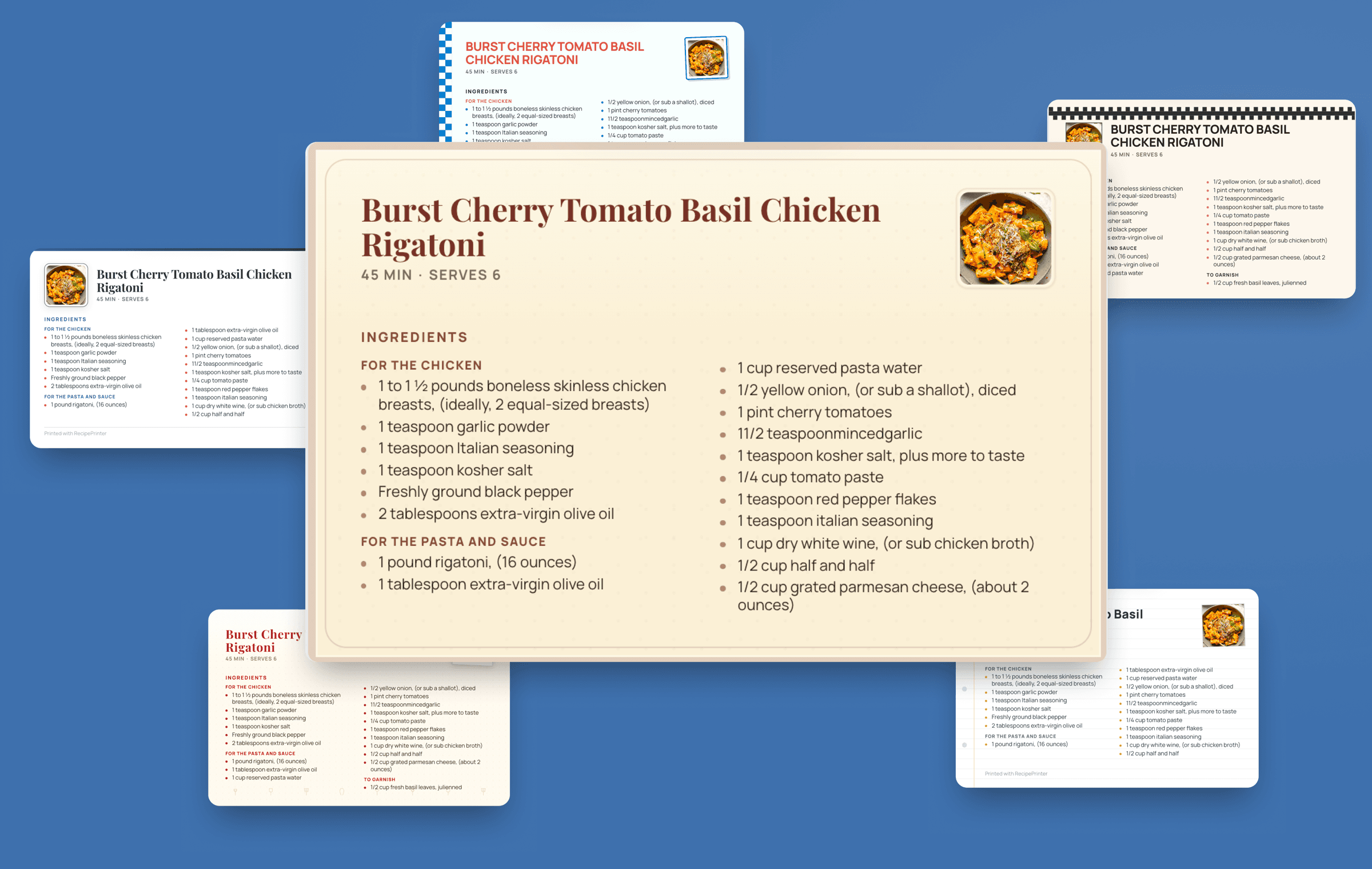 One recipe printed as six cards in six different print themes, each with its own typeface, border and color.