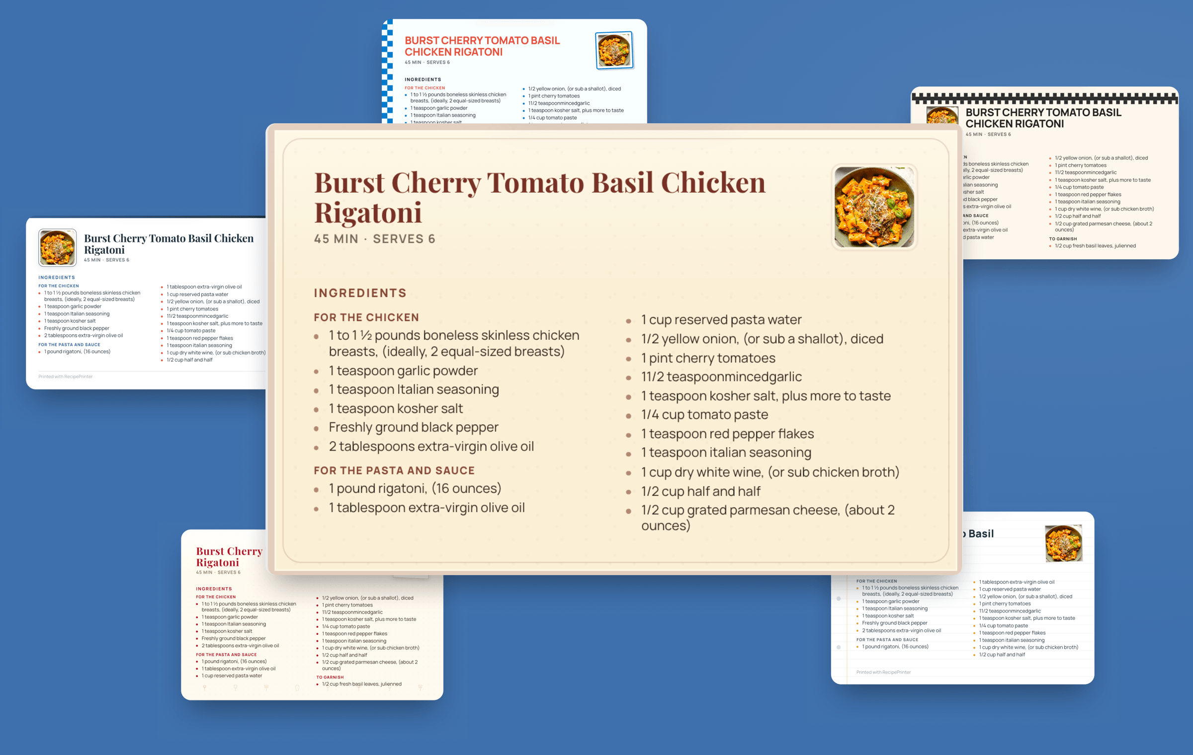 One recipe printed as six cards in six different print themes, each with its own typeface, border and color.