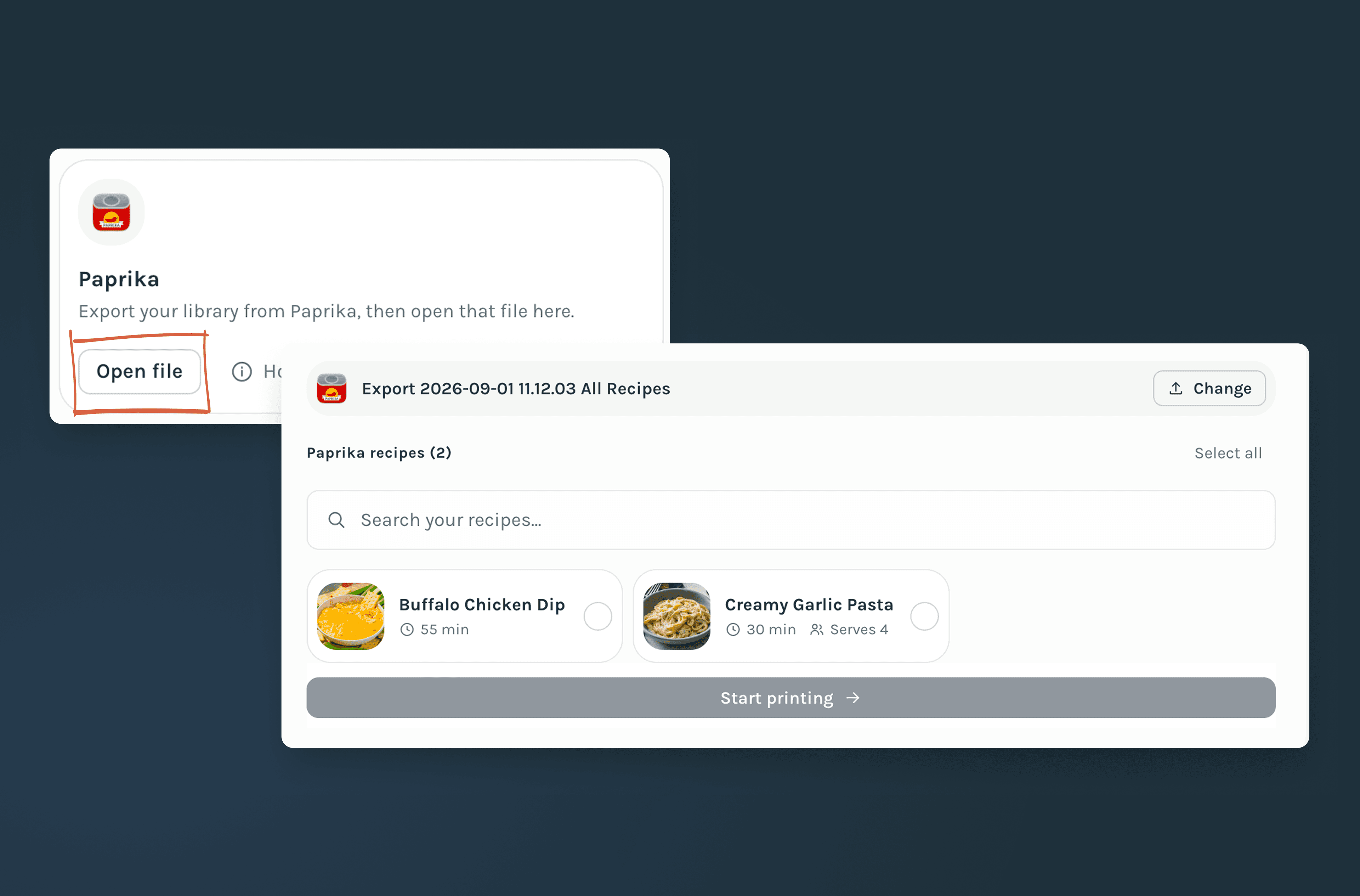A Paprika recipe export opened in RecipePrinter, showing two imported recipes ready to select and print.