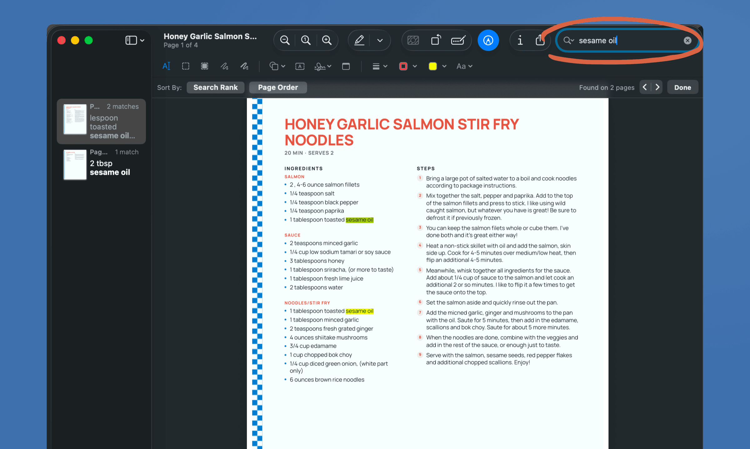 A saved recipe PDF open in a document viewer, with a search for sesame oil finding it on two pages.