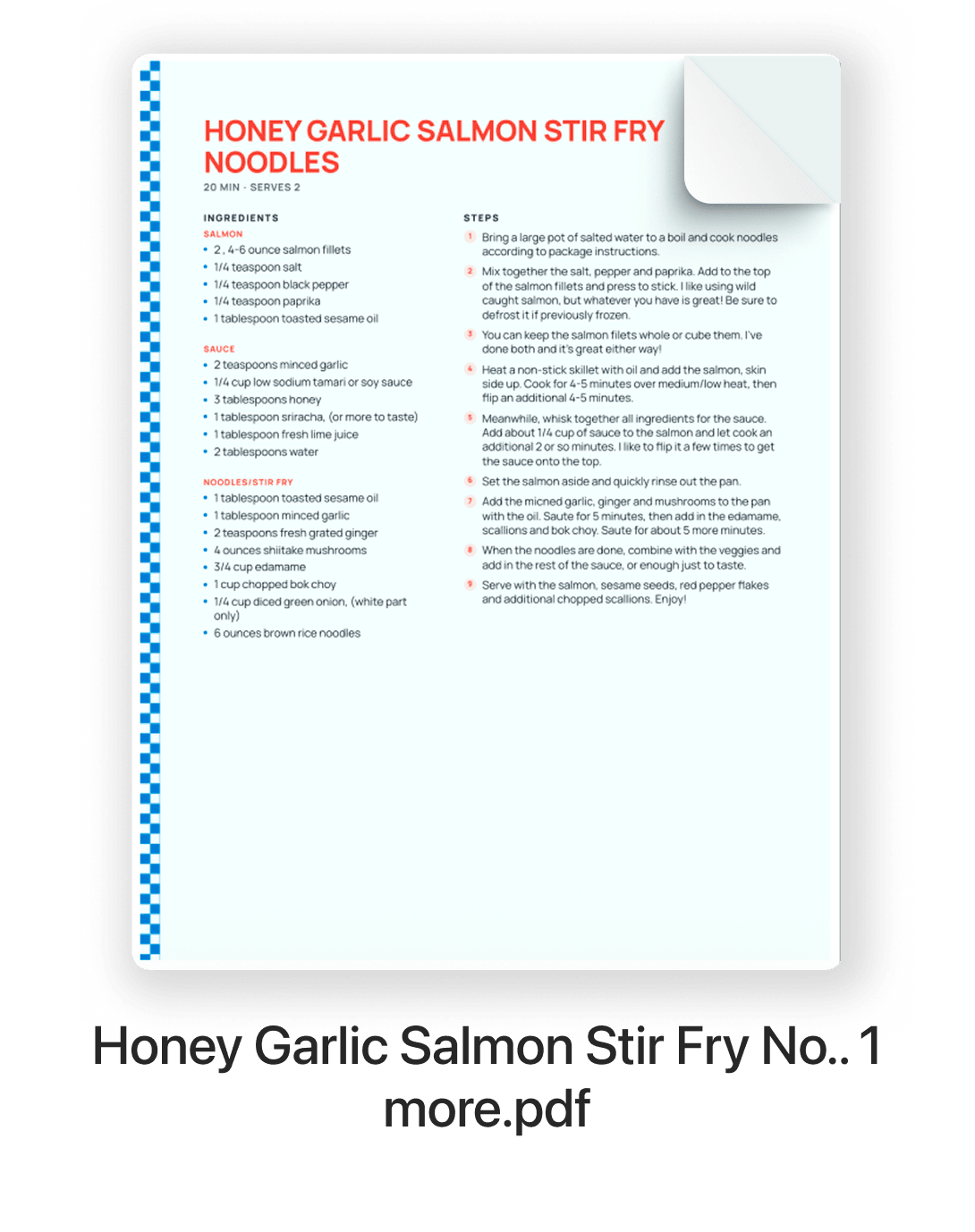A Honey Garlic Salmon Stir Fry Noodles recipe saved as a PDF file.
