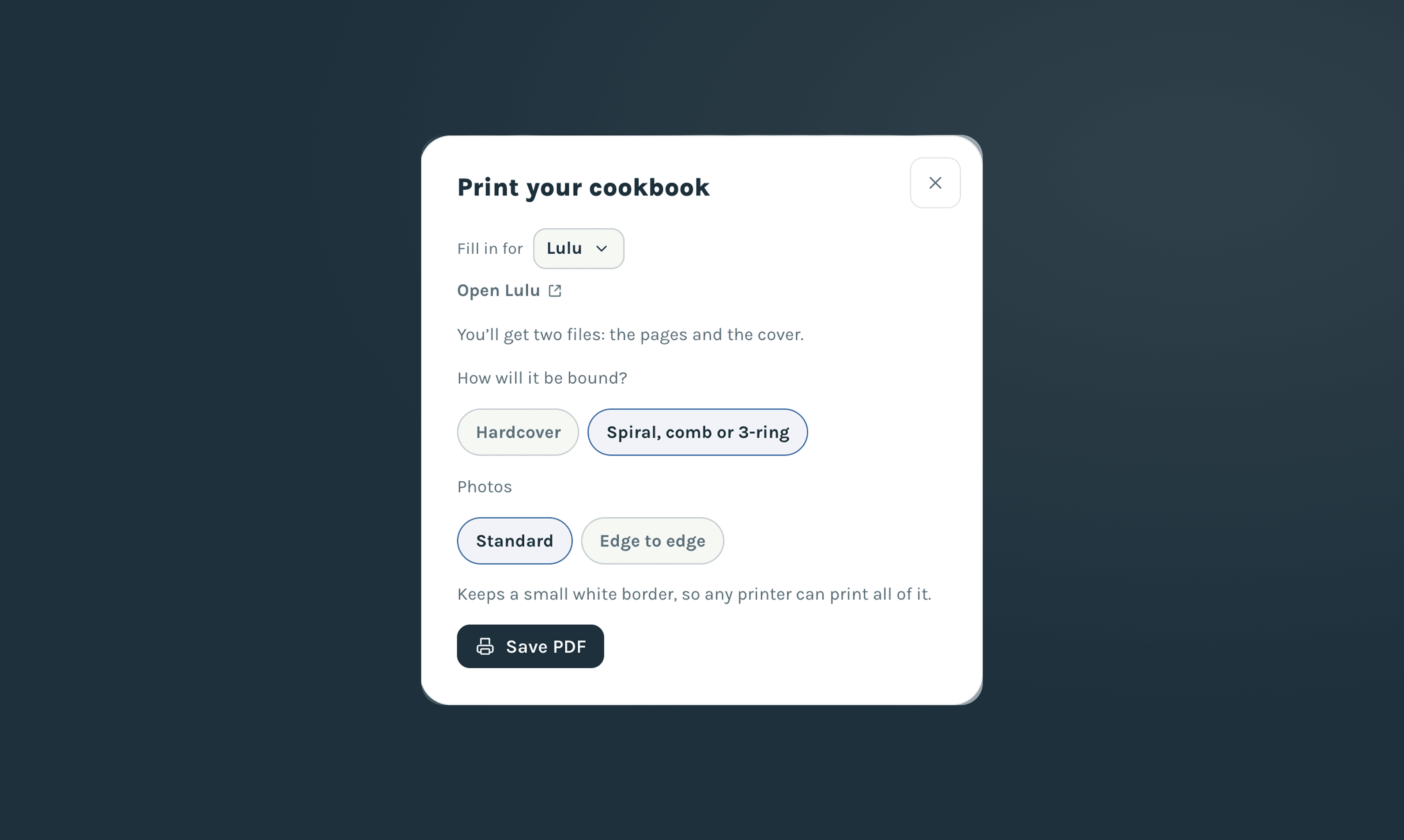 The Print your cookbook dialog set up for Lulu: two files, the pages and the cover, with a choice of hardcover or spiral binding and standard or edge-to-edge photos.