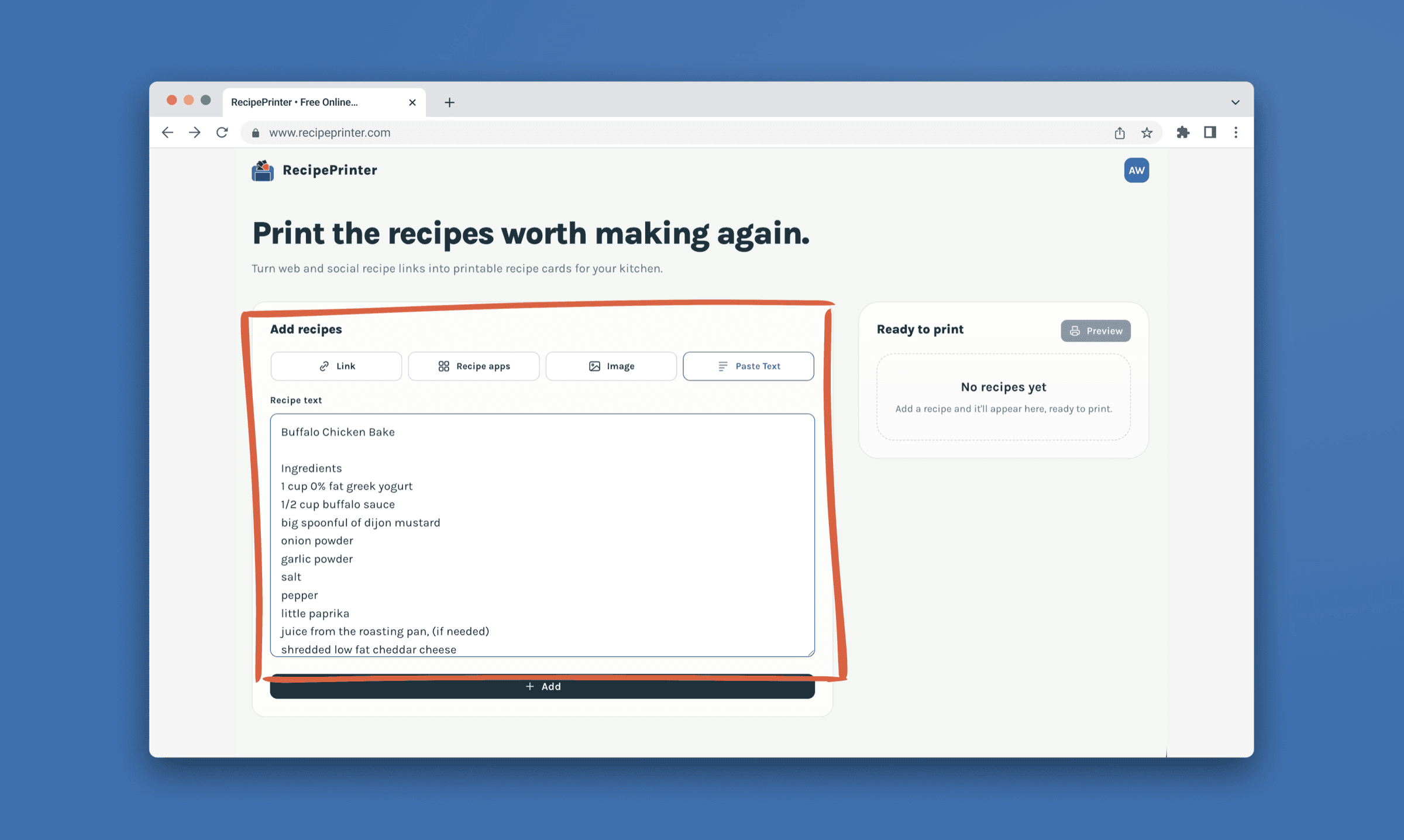 A recipe pasted as plain lines into RecipePrinter's Text box, ready to add.