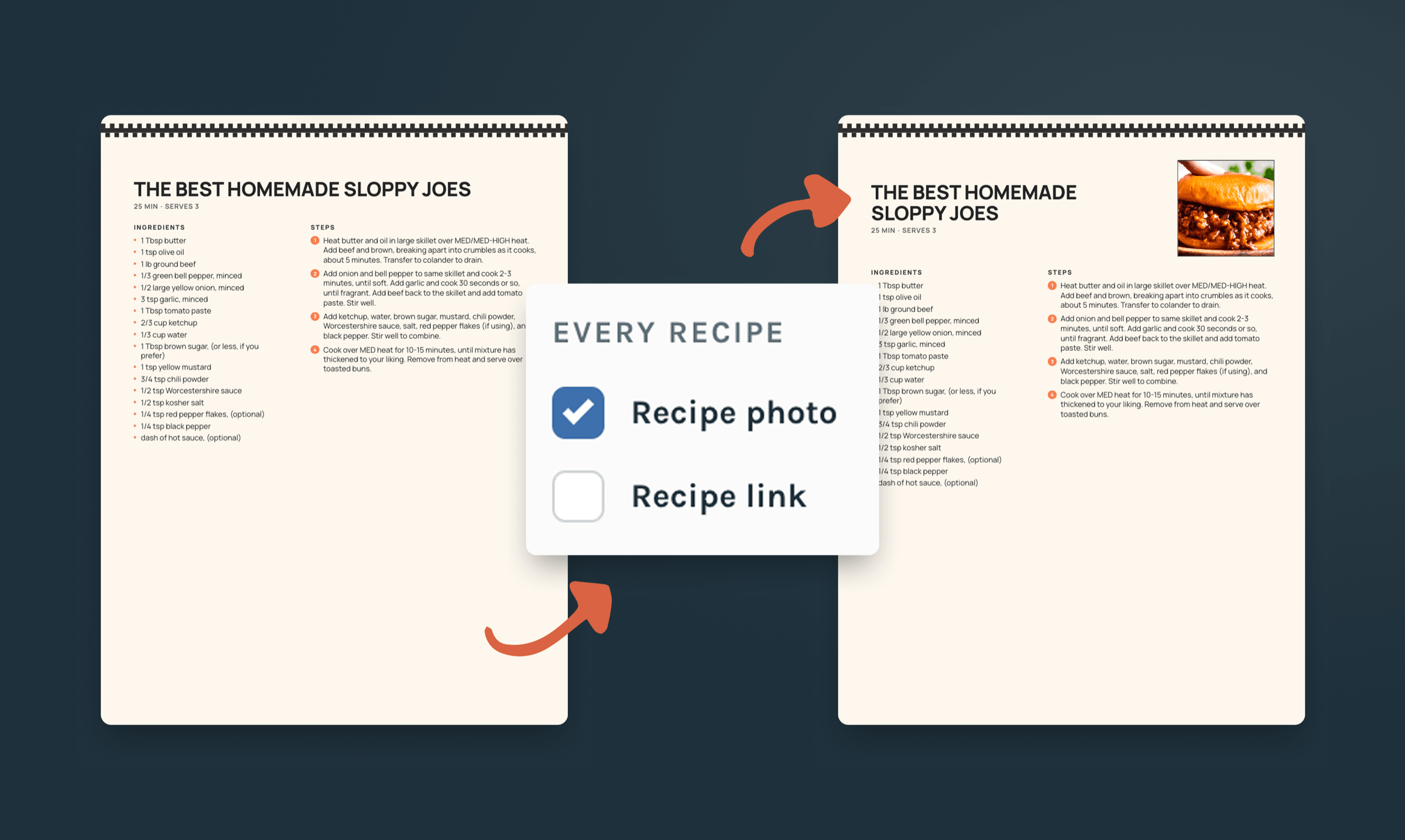 The same recipe printed twice, with and without its photo, switched by a single toggle.