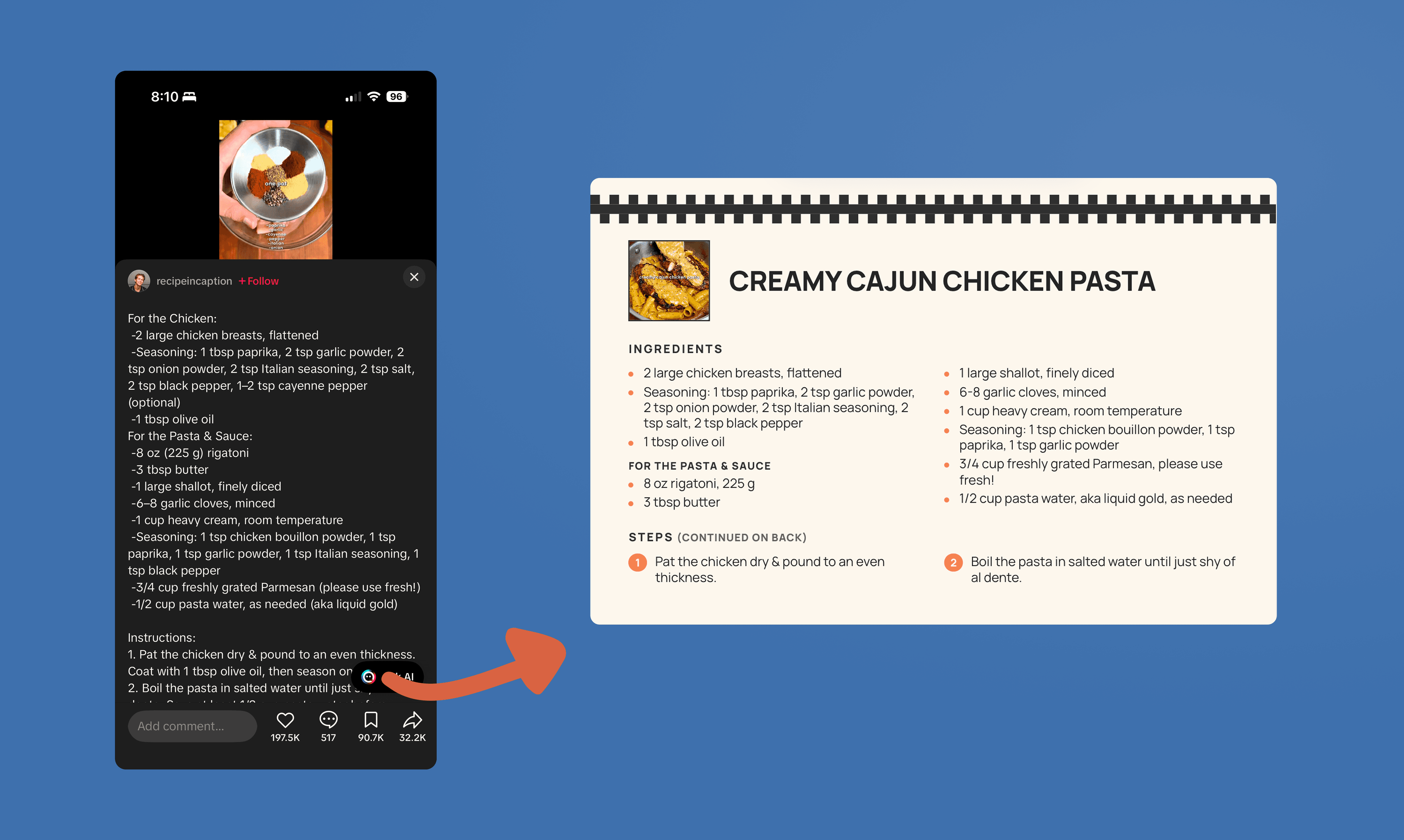A TikTok recipe brought into RecipePrinter for editing and printing.