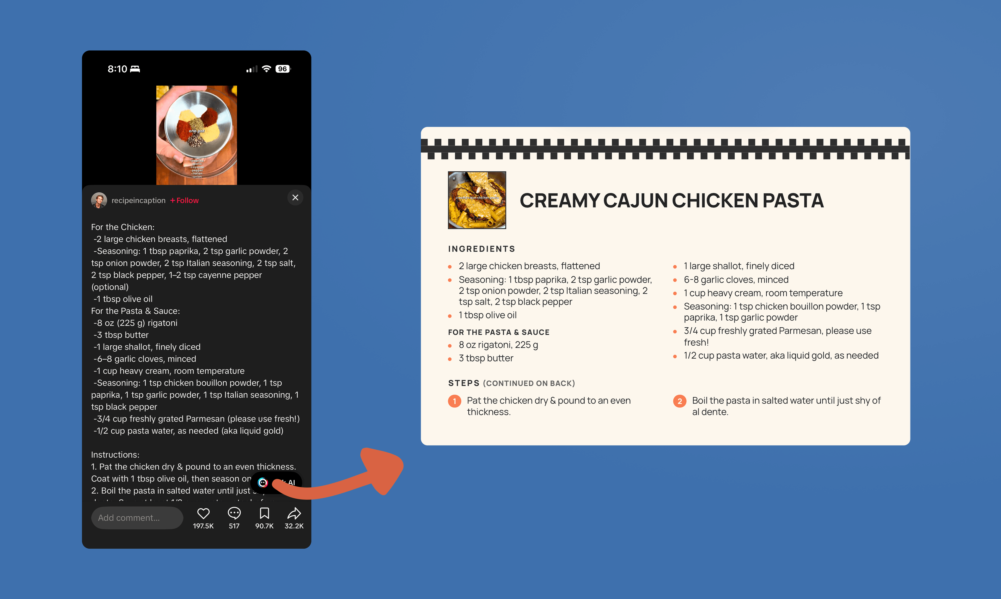 A TikTok recipe brought into RecipePrinter for editing and printing.
