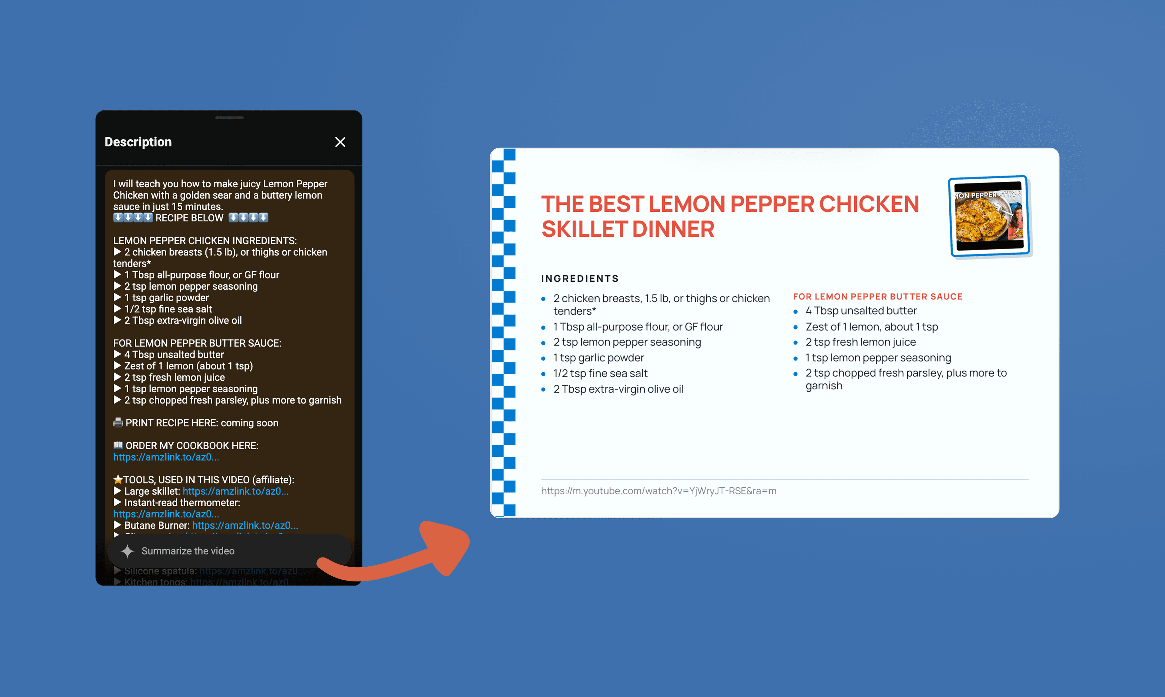 A YouTube recipe brought into RecipePrinter for editing and printing.